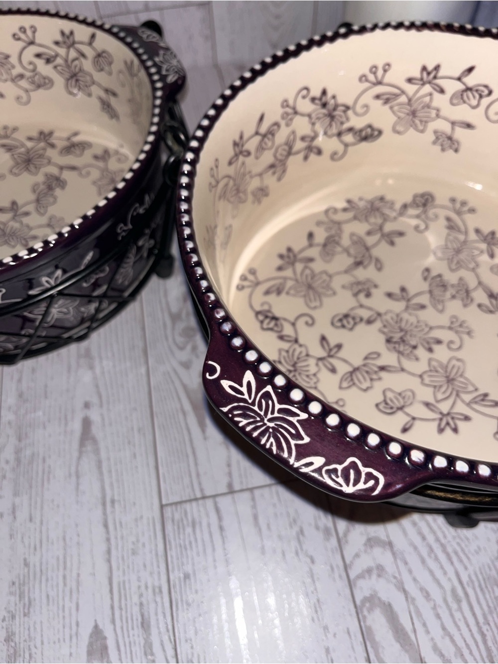 Temptations Purple and Cream Floral Ceramic Bowl with Black Metal Stand - Picture 5 of 10